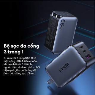 Củ sạc nhanh 65W Nexode UGREEN CD244 | 3 cổng Sạc Nhanh | Công nghệ GaN II | BH 18 tháng