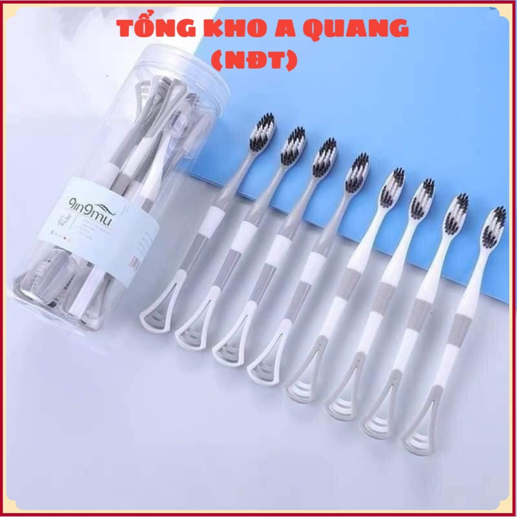 Set 8 Bàn Chải Đánh Răng 2 Đầu Có Cạo Rơ Lưỡi (Hộp Tròn Xám)