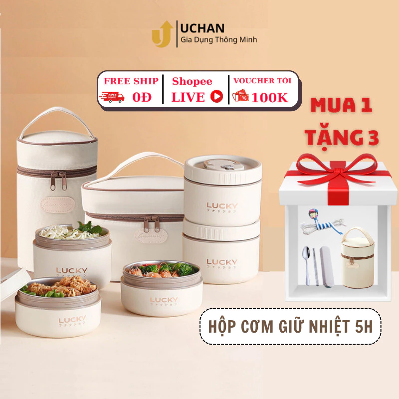 Hộp cơm giữ nhiệt Uchan Hộp đựng cơm văn phòng Tặng Túi, Cà mên giữ nhiệt dùng được trong