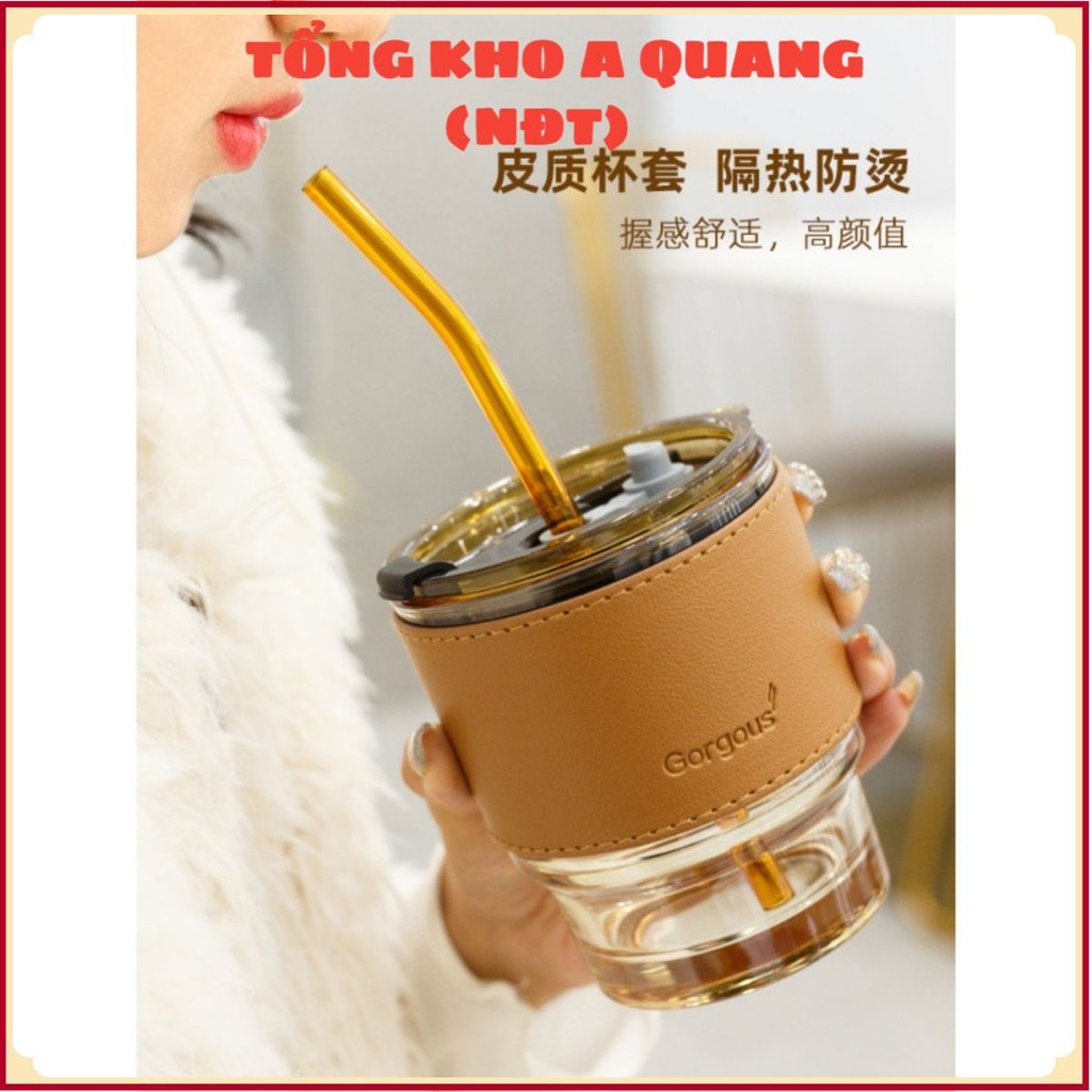(COMBO 2) Cốc Giữ Nhiệt Thủy Tinh Tặng Kèm Bao Da Ống Hút , Ly Chịu Nhiệt Dùng Uống Cafe Sang Chảnh - COC738