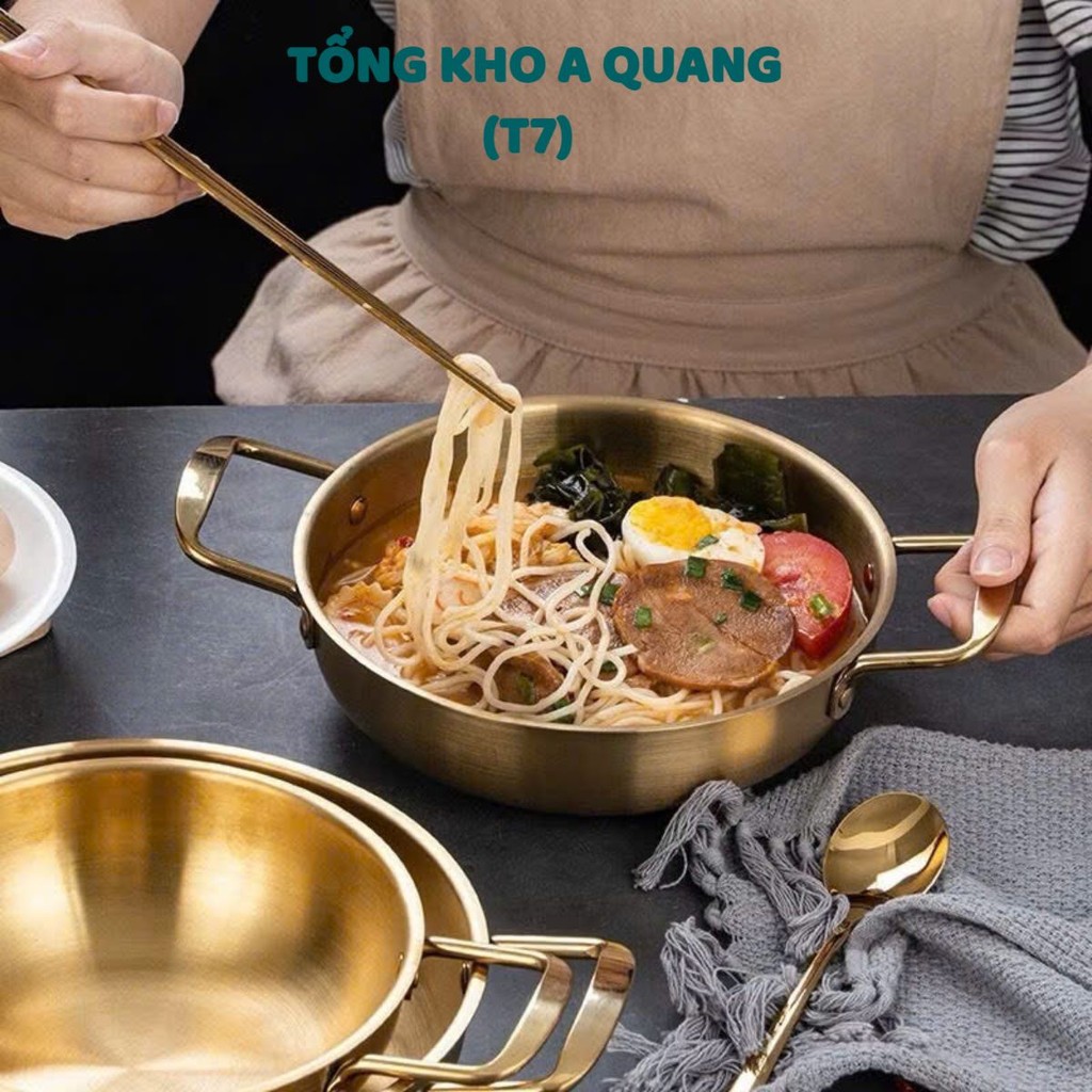 CHẢO NẤU ĂN MINI BẰNG THÉP KHÔNG GỈ PHONG CÁCH HÀN QUỐC 20CM - Nồi Vàng Inox Nấu Mì Cay, Nấu Lẩu, Soup - Chảo Nấu Ăn Xịn