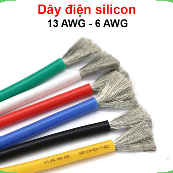 (1 mét) Dây điện silicon mềm dẻo chống cháy công suất lớn 6AWG - 13AWG