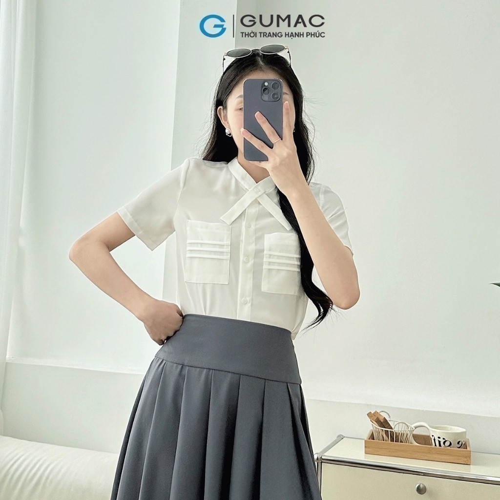 Ảnh Áo sơ mi nữ trắng tay ngắn kiểu túi đắp cổ đắp chèo hình nơ vải lụa mềm mát thời trang GUMAC LAE0815 2