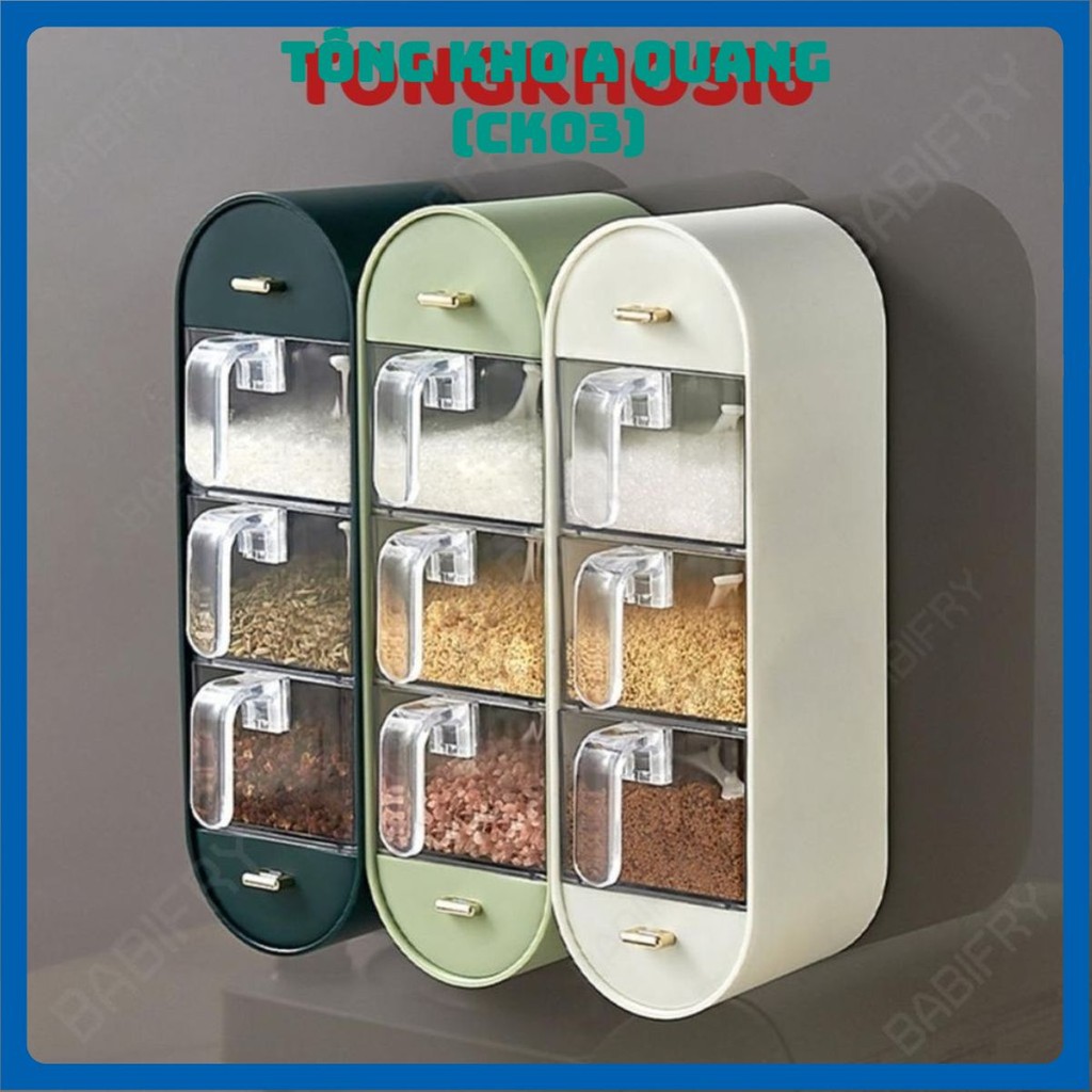 Hộp gia vị 3 ngăn kèm móc treo tiện lợi tiết kiệm diện tích, hộp đựng gia vị treo tường tiện ích