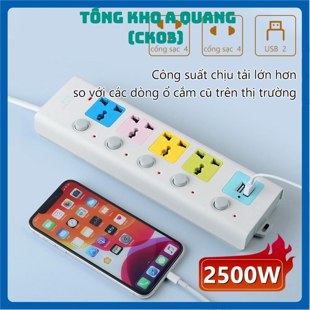 Ổ Cắm Điện USB Đa Năng Cao Cấp Chống Giật Dây Dài 4m 2 Cổng Cắm USB Có Chốt An Toàn Tiện Dụng, Ổ Cắm Điện Chịu Tải 2500W