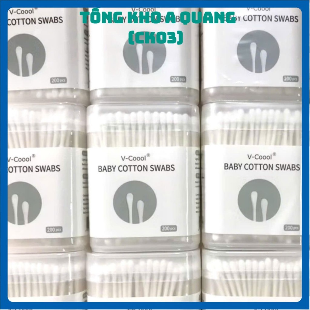 TĂM BÔNG VCOOL CHO BÉ , Bông ngoáy tai cho bé Vcool 2 đầu kháng khuẩn, tăm bông sơ sinh tiện lợi hộp 200 que - TAMBONG1