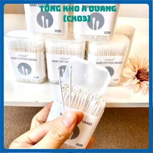 TĂM BÔNG VCOOL CHO BÉ , Bông ngoáy tai cho bé Vcool 2 đầu kháng khuẩn, tăm bông sơ sinh tiện lợi hộp 200 que - TAMBONG59
