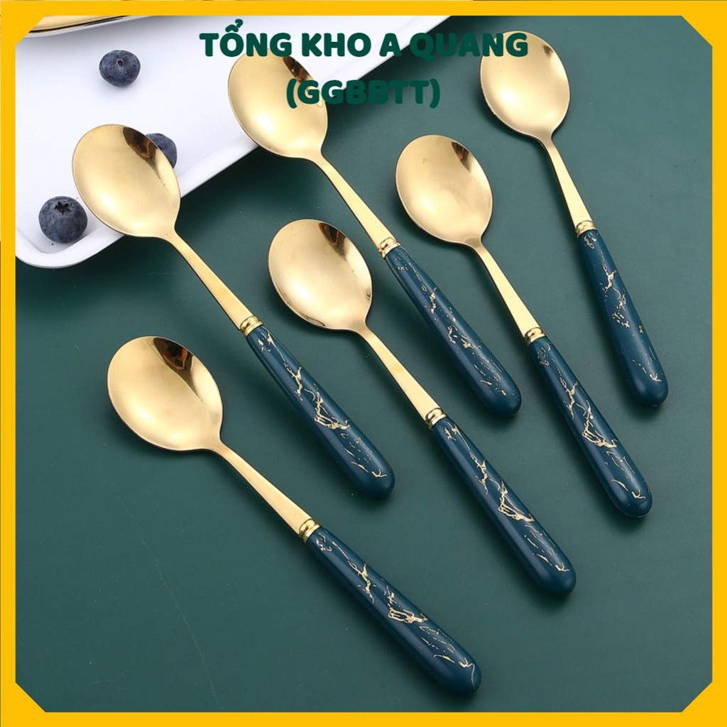 (COMBO 2) Bộ 6 Thìa Inox Mạ Vàng , Thìa Ăn Cơm,Thìa Ăn Dặm Cán Sứ Vân Đá DeCor Phong Cách Bắc Âu,Muôi Ăn Cơm