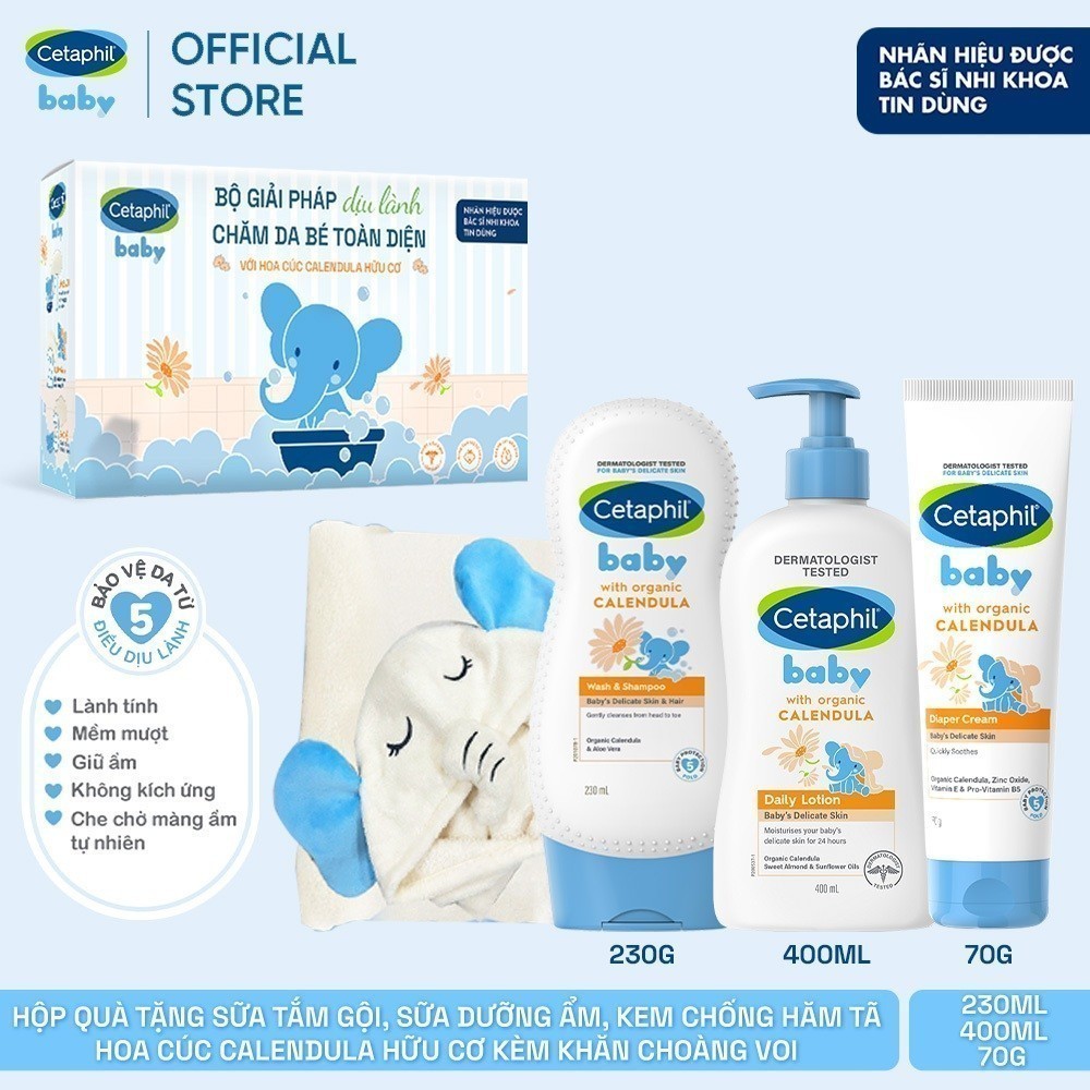 Ảnh Set quà tặng cho bé Cetaphil Baby gồm Sữa tắm gội 230ML + Sữa dưỡng ẩm 400ML + Kem chống hăm tã 70G + khăn tắm 2