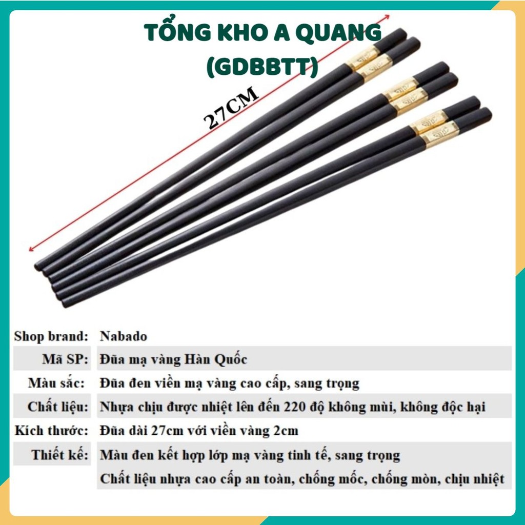 Đũa Mạ Vàng Hàn Quốc Nhựa Đen Nhật Cao Cấp Chống Trơn Chống Mốc Chịu Nhiệt Bộ 10 Đôi