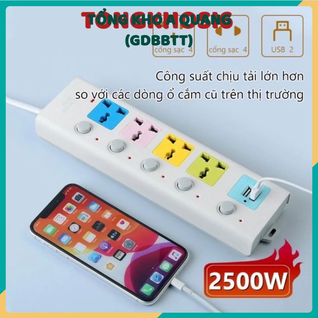 Ổ Cắm Điện USB Đa Năng Cao Cấp Chống Giật Dây Dài 4m, 2 Cổng Cắm USB Có Chốt An Toàn Tiện Dụng