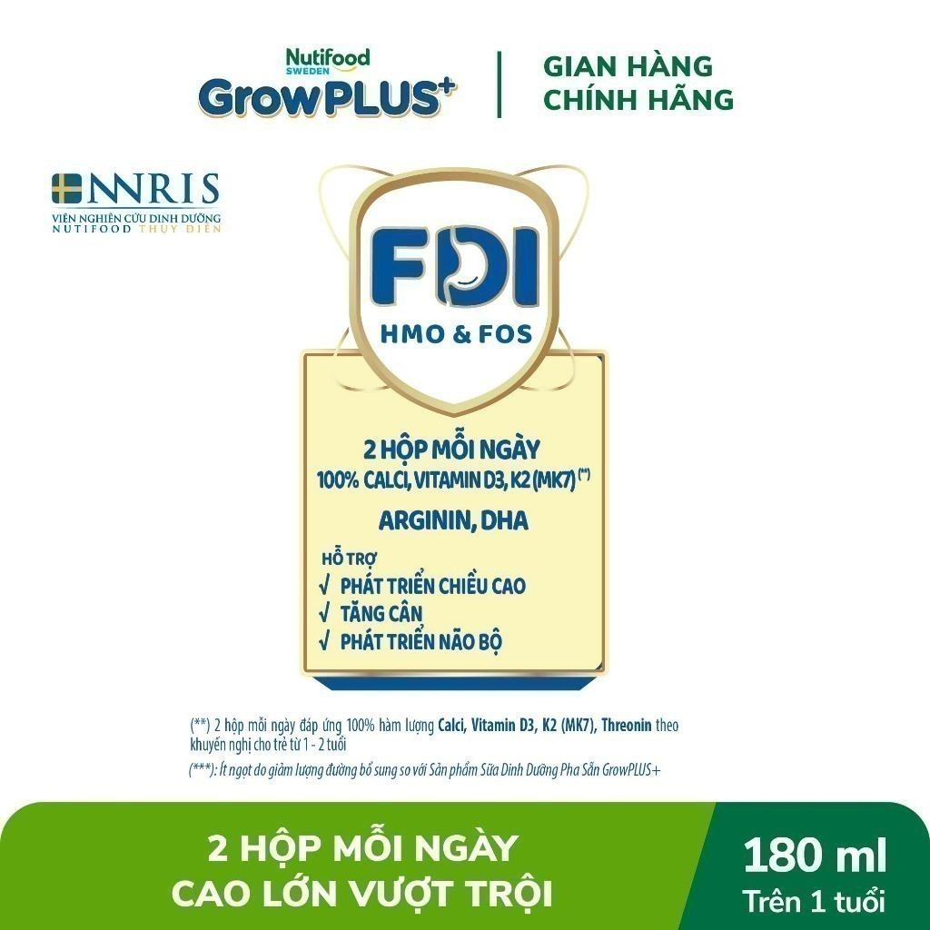 Combo 2 Thùng 24 Hộp Sữa Bột Pha Sẵn Nutifood Sweden GrowPLUS+ Cao lớn vượt trội hộp 180 ml