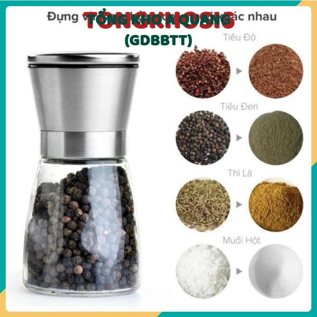 Dụng cụ xay tiêu cầm tay inox cao cấp, lọ xay tiêu thủy tinh có nắp inox, Hũ Đựng Tiêu Thủy Tinh