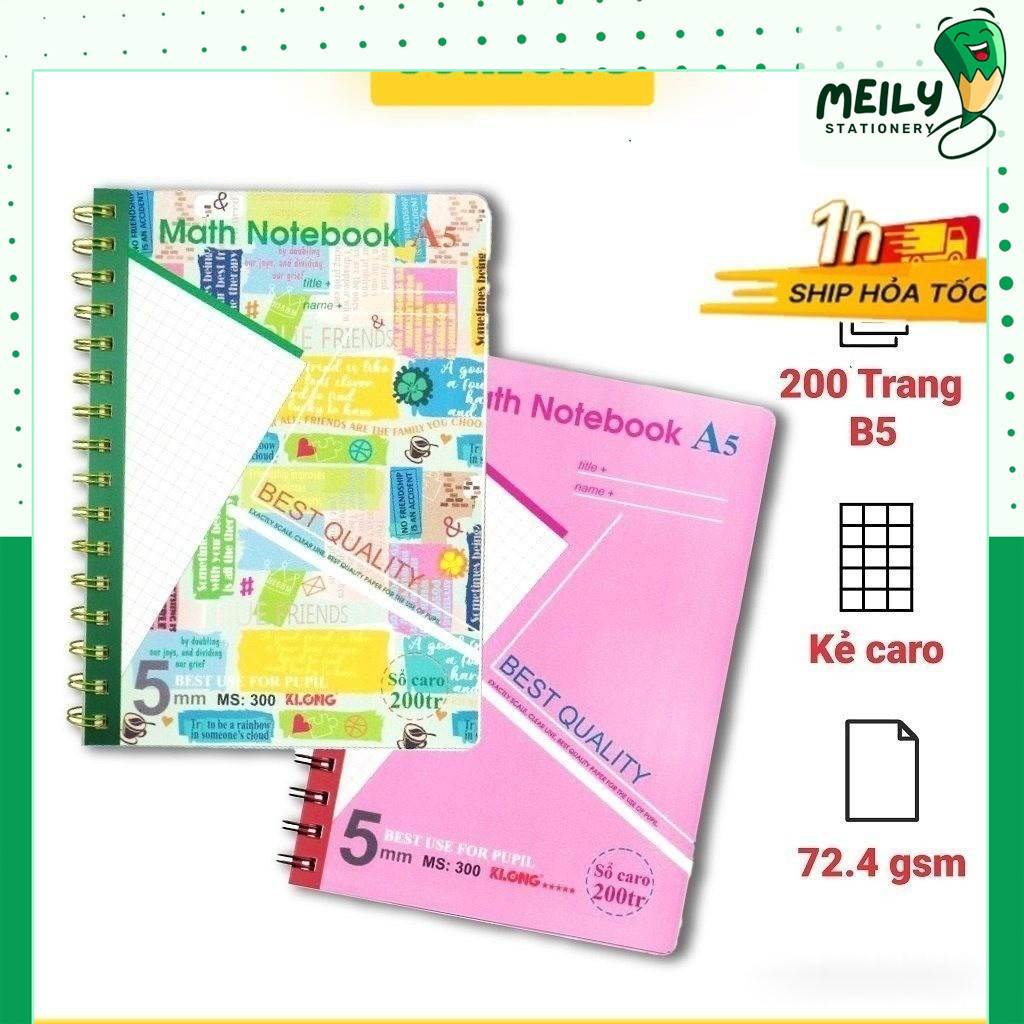 Sổ A5 bìa nhựa lò xo kép 200 trang Caro 5x5 MS 300 MEILY, cuốn tập sổ ...