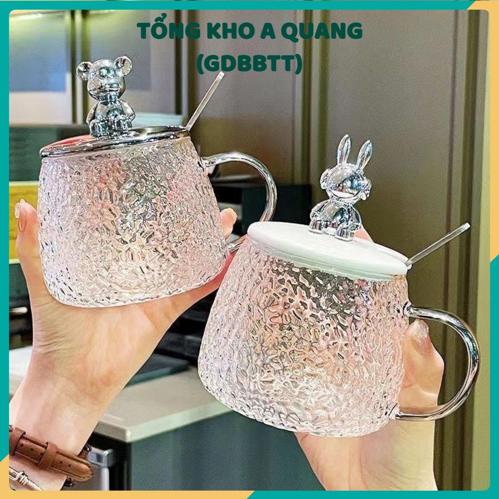 (COMBO 2) Thủy Tinh Nắp Gấu Bear Chịu Nhiệt 500ml -Tặng Kèm Thìa, Ly Thủy Tinh Chiu Nhiệt Lên Tới 150 Độ