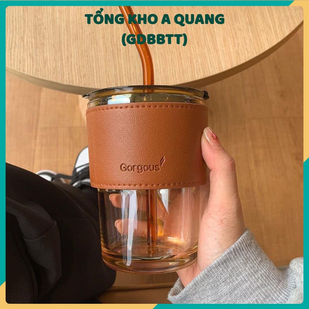 [COMBO 5 ]Cốc Thủy Tinh GORGOUS Có Nắp , Ly Thủy Tinh Kèm Nắp, Ống Hút Và Bao Da Đi Kèm - 450ml Có 2 Màu - COC