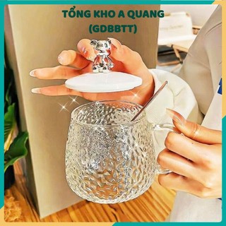CỐC ĐỰNG NƯỚC CÓ QUAI CẦM KÈM THÌA TIỆN LỢI - Cốc Thuỷ Tinh 500ml Chịu Nhiệt Tốt,Ly Thủy Tinh Nắp Gấu Trong Suốt