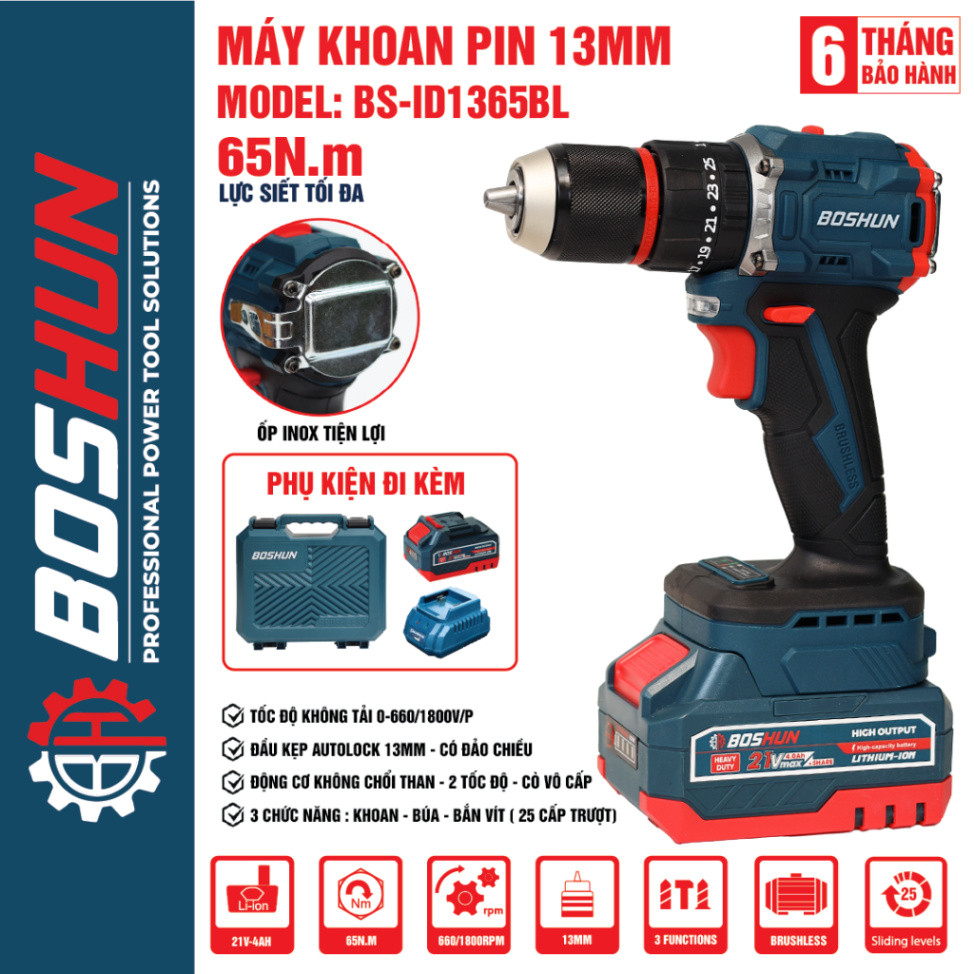 Hỏa Tốc Máy khoan pin BOSHUN ID1365BL, 3 Chức năng: Vít, Khoan, Búa; Lực 65Nm, Đầu kẹp 13mm, Không Chổi Than
