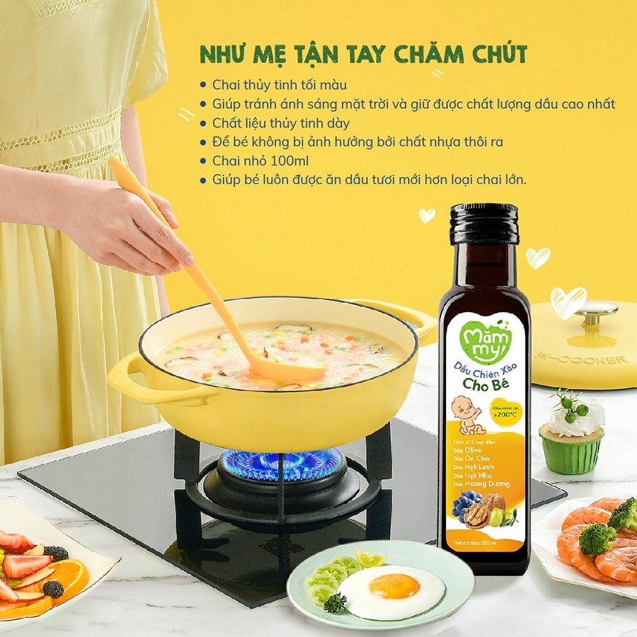 Ảnh Dầu chiên xào cho bé Mămmy 100ml chịu nhiệt tới 200 độ C, giữ trọn vẹn dinh dưỡng, bổ sung Omega-3, Vitamin E 3