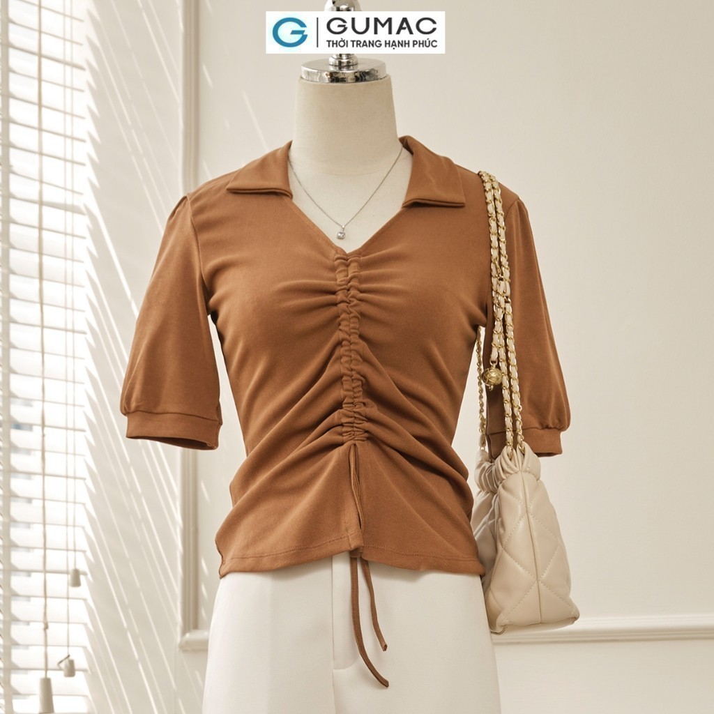 [SALE] Áo thun nữ GUMAC slim ôm cổ V rút nhún giữa thun co giãn mềm mịn thoải mái  LATE0810