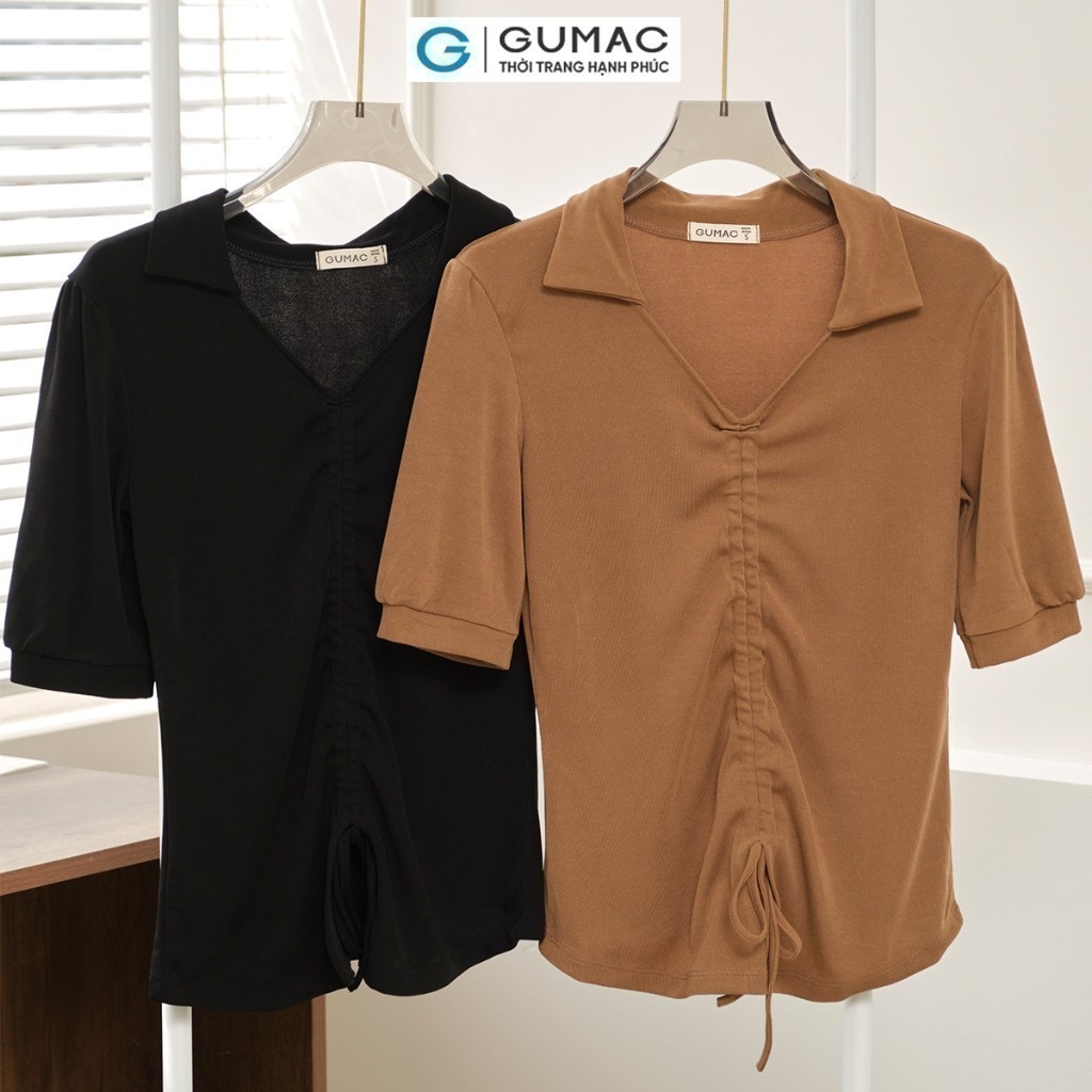 [SALE] Áo thun nữ GUMAC slim ôm cổ V rút nhún giữa thun co giãn mềm mịn thoải mái  LATE0810
