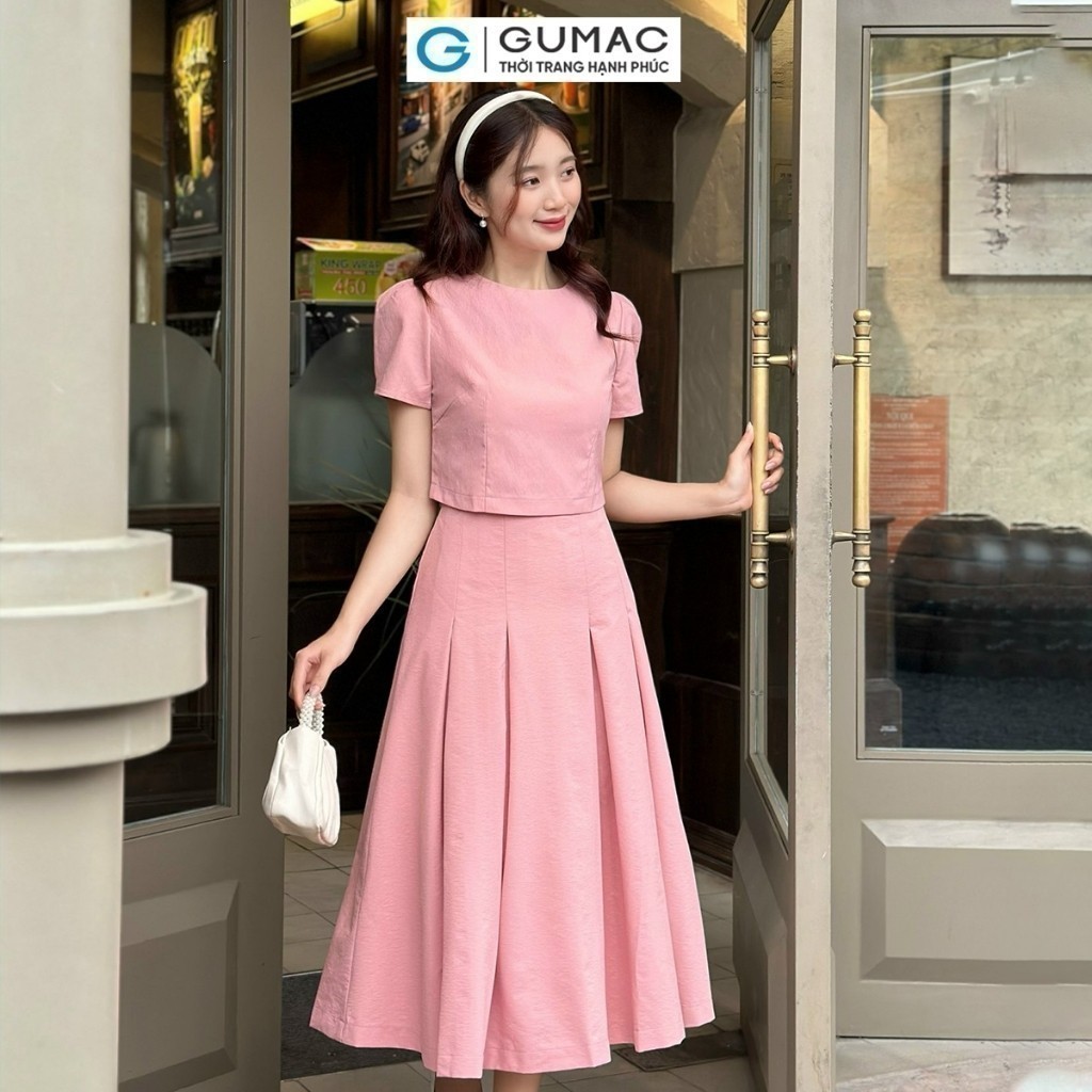 Set Lẻ Áo Kiểu Nữ GUMAC Form Lửng Tay Phồng YAE05090 - Chân Váy Nữ A Midi Xếp Ly Thanh Lịch YVE05091