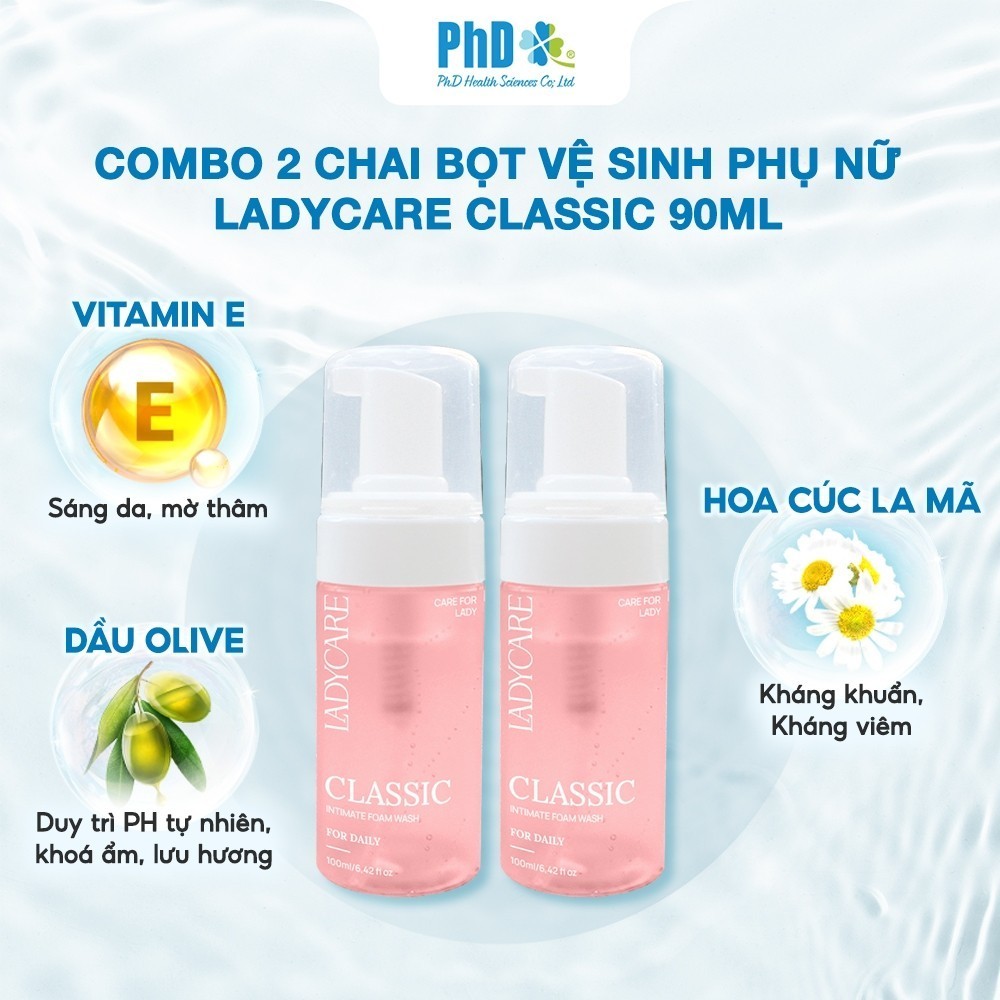 Combo 2 Chai Dung Dịch Vệ Sinh Phụ Nữ Dạng Bọt Ladycare Classic Mọi Loại Da, Duy Trì pH 90ml