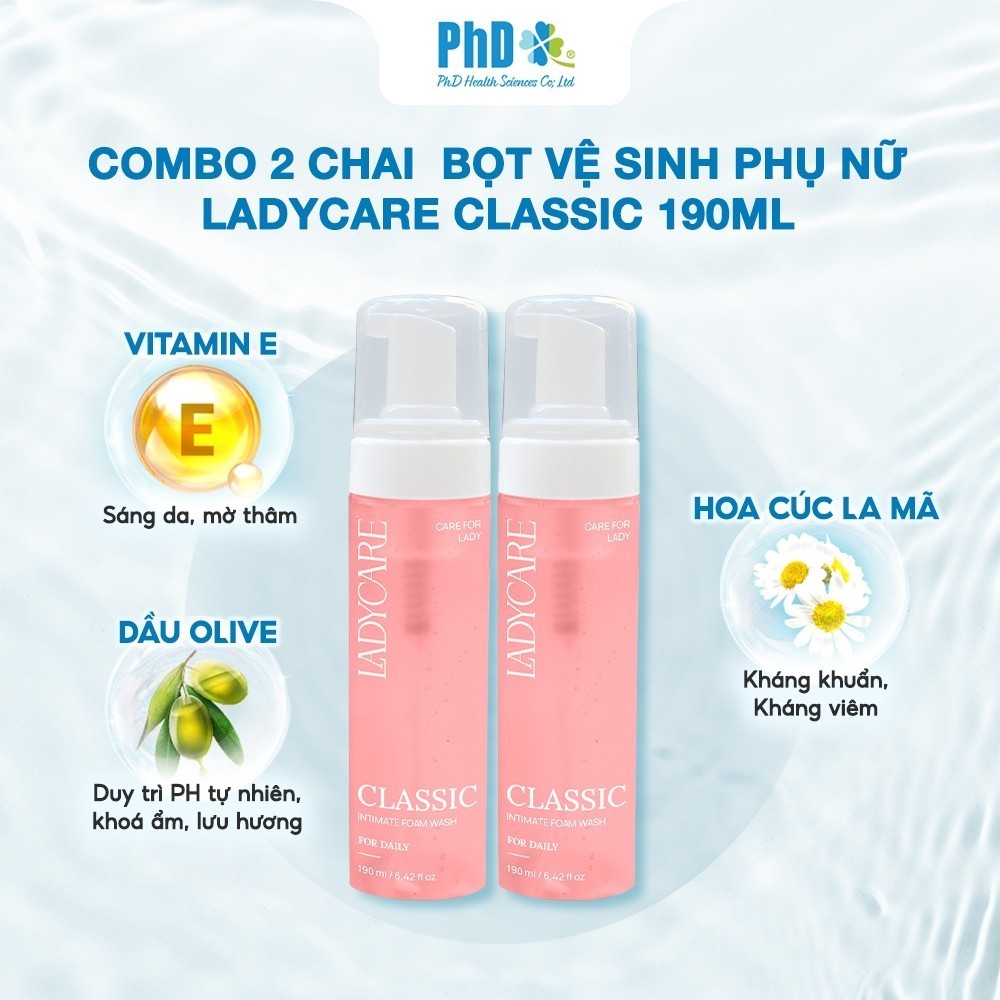 Combo 2 Chai Dung Dịch Vệ Sinh Phụ Nữ Dạng Bọt Ladycare Classic Mọi Loại Da, Duy Trì pH 190ml