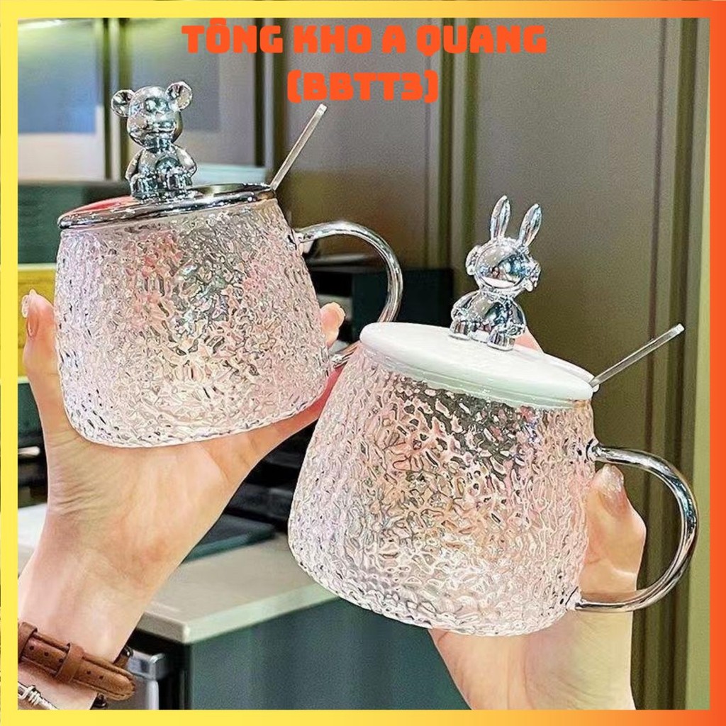 Cốc Thủy Tinh Nắp Gấu Bear Chịu Nhiệt 500ml -Tặng Kèm Thìa,  Ly Thủy Tinh Chiu Nhiệt Lên Tới 150 Độ