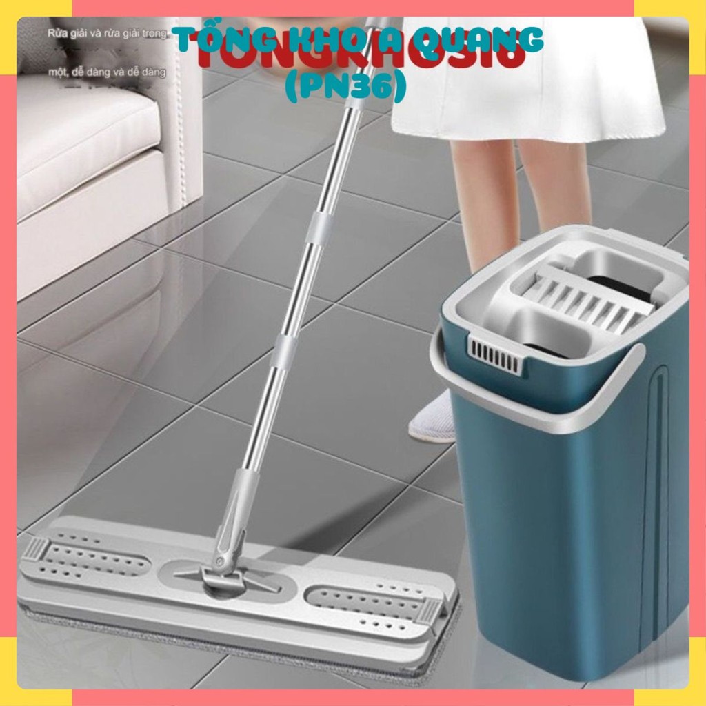 Bộ Lau Nhà (1 Thùng + Cây Lau và 8 Bông Lau) Lau Tự Vắt Thông Minh, Chổi Lau Nhà Phẳng Xoay 360 Độ