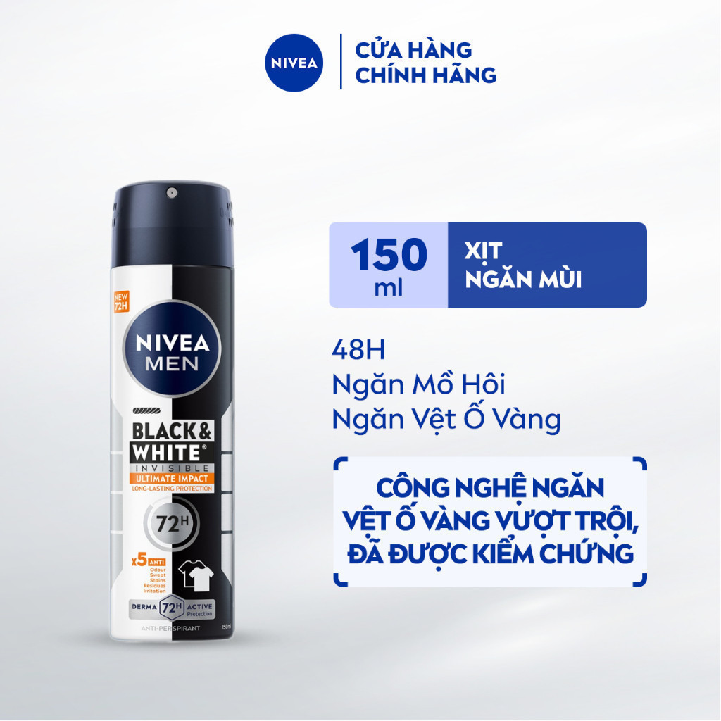Ảnh Xịt Ngăn Mùi NIVEA MEN Black&White Ngăn Vệt Ố Vàng Vượt Trội | Hương Mạnh Mẽ (150 ml) - 85388 1