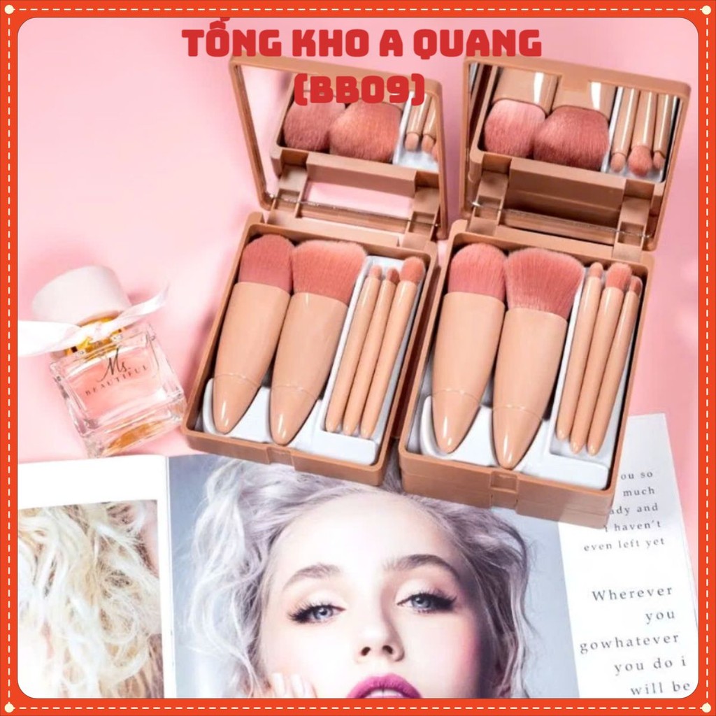 HỘP CỌ TRANG ĐIỂM 5 MÓN, Bộ cọ di động 5 cọ trang điểm , Bộ cọ du lịch có gương Mini đa chức năng: COTRANGDIEM82