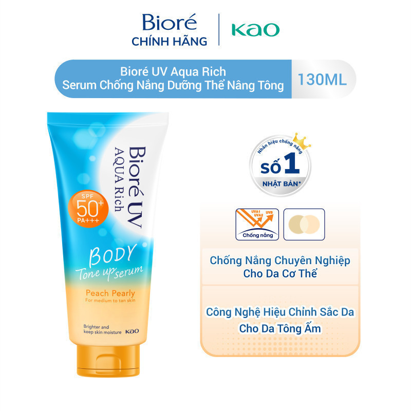 Ảnh Biore UV Aqua Rich Serum Chống Nắng Dưỡng Thể Nâng Tông Peach Pearly 130ml 1