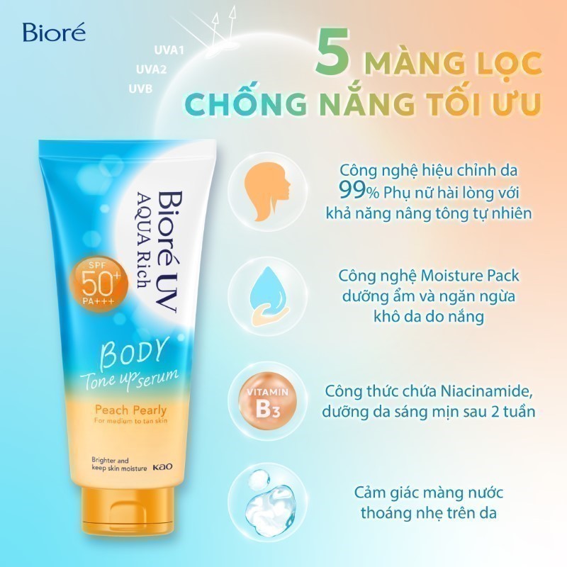 Ảnh Biore UV Aqua Rich Serum Chống Nắng Dưỡng Thể Nâng Tông Peach Pearly 130ml 4