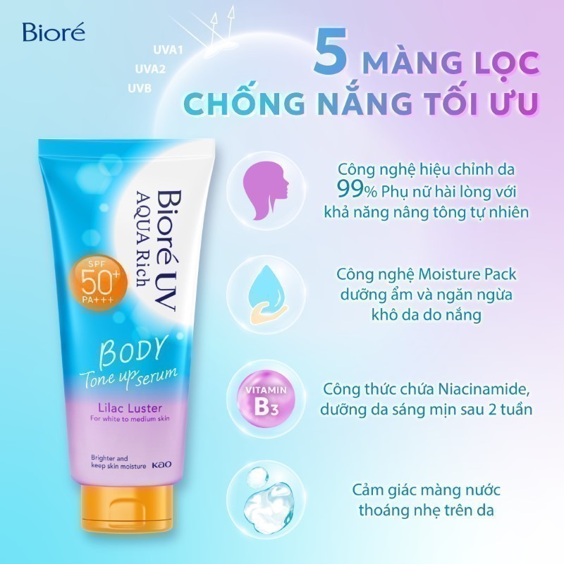 Ảnh Biore UV Aqua Rich Serum Chống Nắng Dưỡng Thể Nâng Tông Lilac Luster 130ml 4