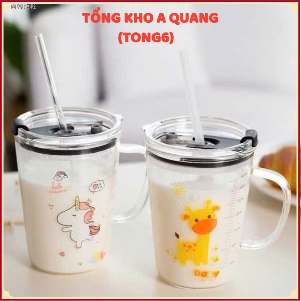 Ly Pha Sữa Có Ống Hút An Toàn Cho Bé,Cốc Tập Uống In Hình Ngộ Nghĩnh Dung Tích 350ml - CỐC CHIA VẠCH THUỶ TINH CAO CẤP