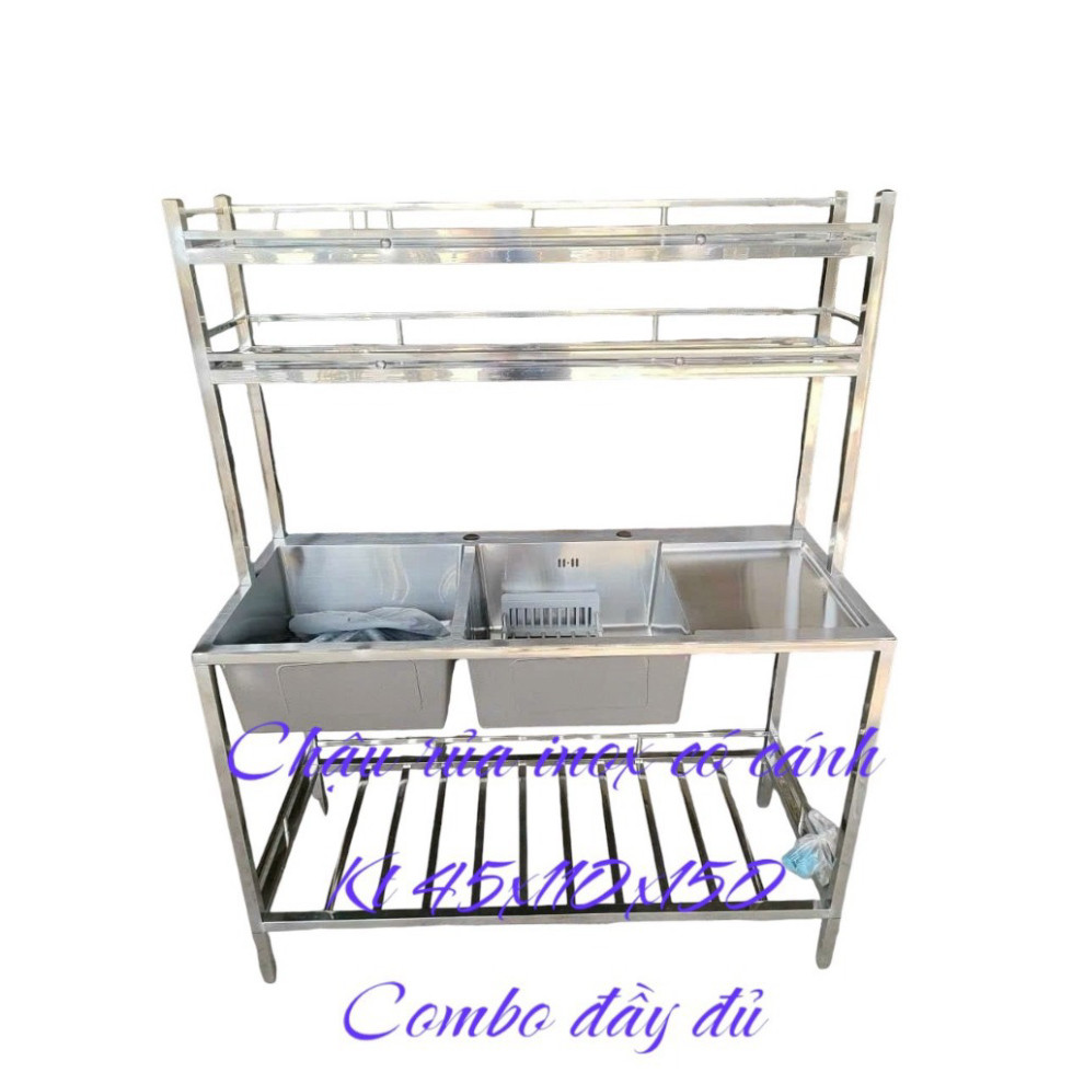 Chậu rửa công nghiệp inox 304 2 hộc kèm kệ 2 tầng úp bát đĩa để đồ tiện lợi không han gỉ