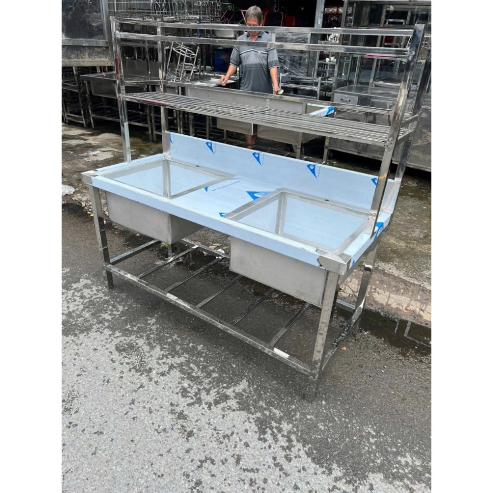 Chậu rửa công nghiệp inox 304 2 hộc kèm kệ 2 tầng úp bát đĩa để đồ tiện lợi không han gỉ
