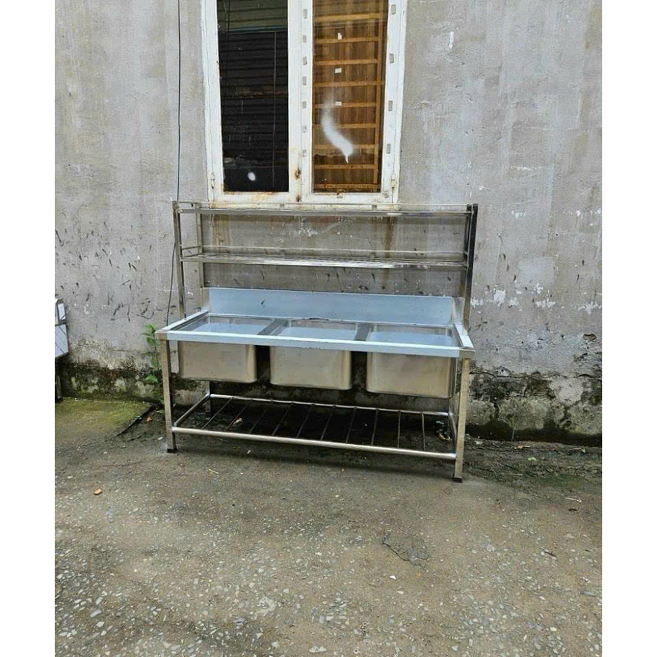 Chậu rửa công nghiệp inox 304 2 hộc kèm kệ 2 tầng úp bát đĩa để đồ tiện lợi không han gỉ