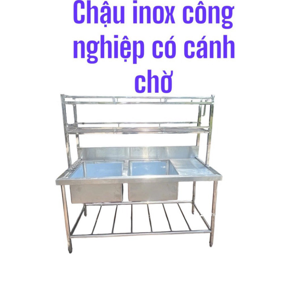 Chậu rửa công nghiệp inox 304 2 hộc kèm kệ 2 tầng úp bát đĩa để đồ tiện lợi không han gỉ