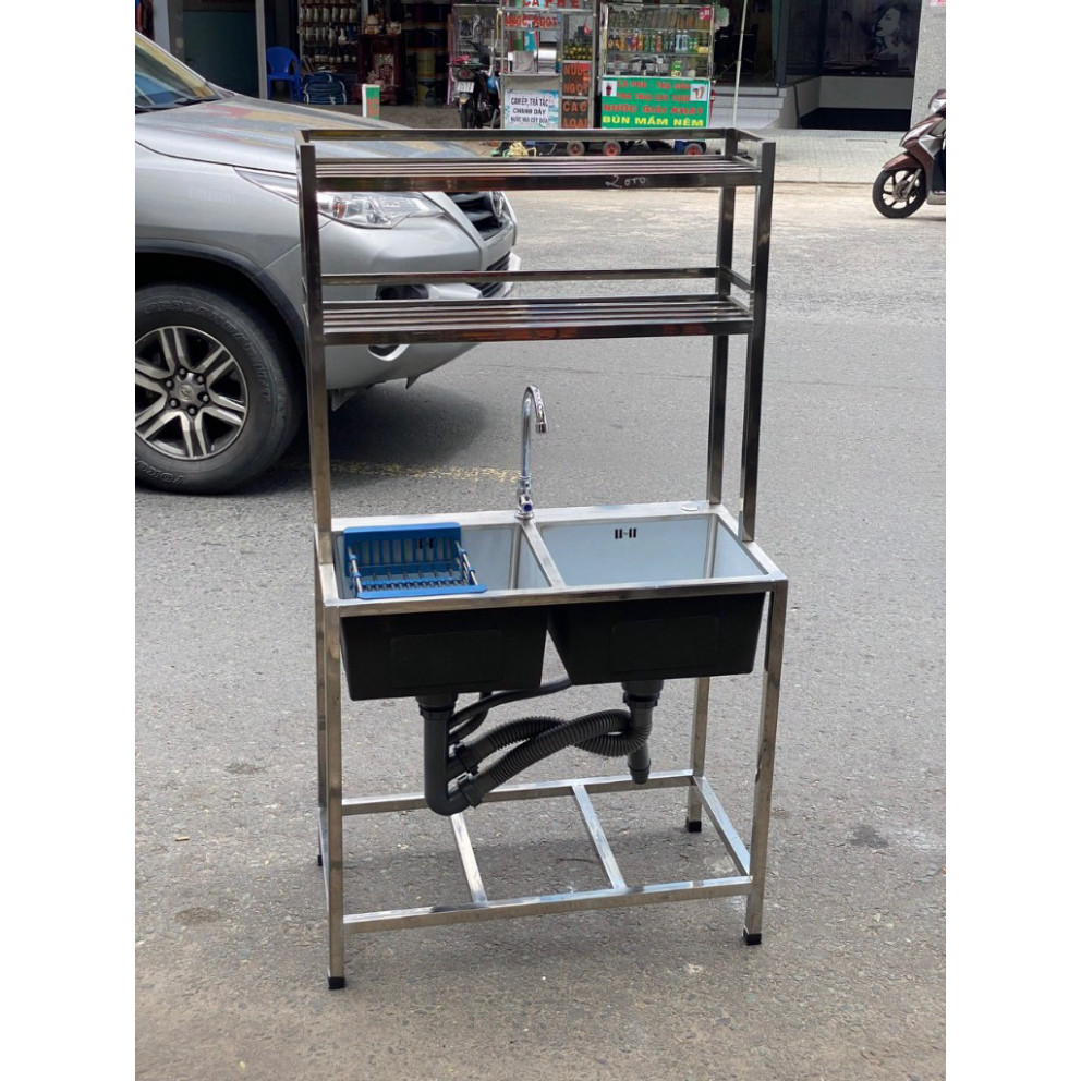Chậu rửa chén bát 2 ngăn inox 304 đúc nguyên khối 2 tầng kèm vòi rửa và rổ đa năng