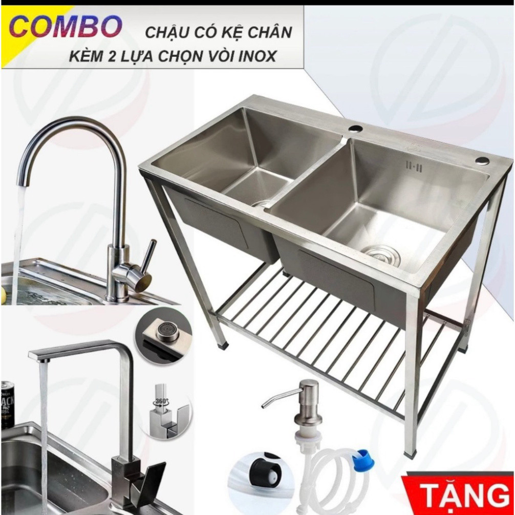 Chậu rửa chén bát 2 ngăn inox 304 đúc nguyên khối 2 tầng kèm vòi rửa và rổ đa năng