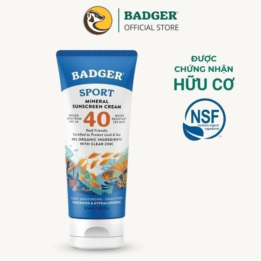 Ảnh Kem chống nắng vật lý thể thao BADGER Sport Clear SPF 40 - kháng nước mạnh, bảo vệ phổ rộng an toàn san hô - 87mL 1