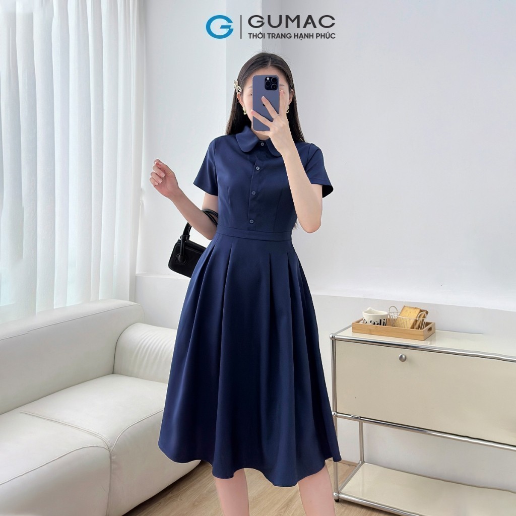 Ảnh Đầm nữ A xòe xếp ly thiết kế kiểu sơ mi lá sen nẹp nút giả đính nút có túi thời trang GUMAC LDF0323 2