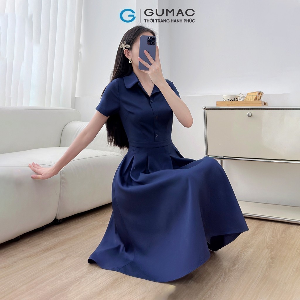 Ảnh Đầm nữ A xòe xếp ly thiết kế kiểu sơ mi lá sen nẹp nút giả đính nút có túi thời trang GUMAC LDF0323 4
