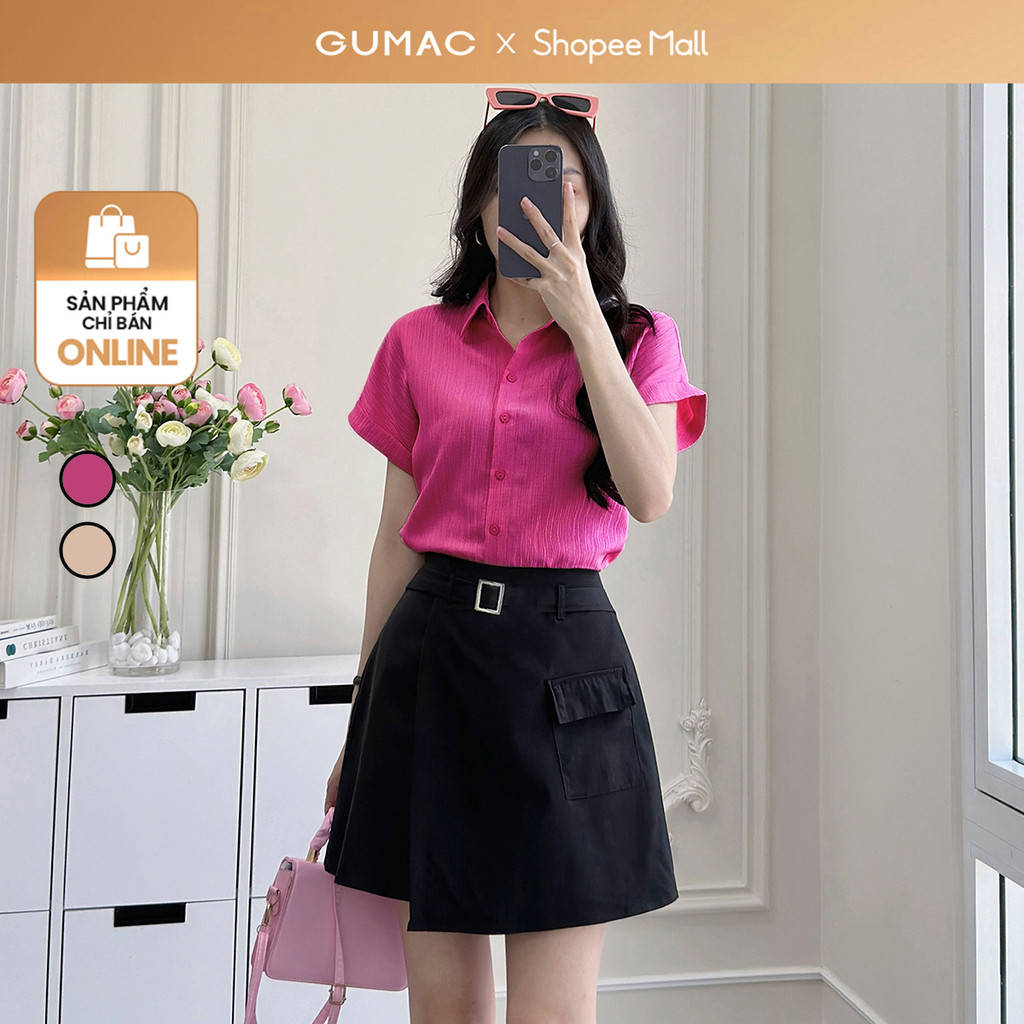 Ảnh Áo sơ mi nữ kiểu tay liền vải lụa xốp màu hồng, be dáng suông lai lật thời trang GUMAC LAE1032 1