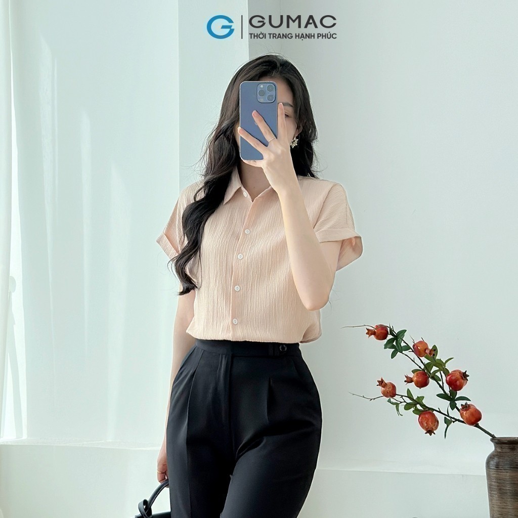Ảnh Áo sơ mi nữ kiểu tay liền vải lụa xốp màu hồng, be dáng suông lai lật thời trang GUMAC LAE1032 3