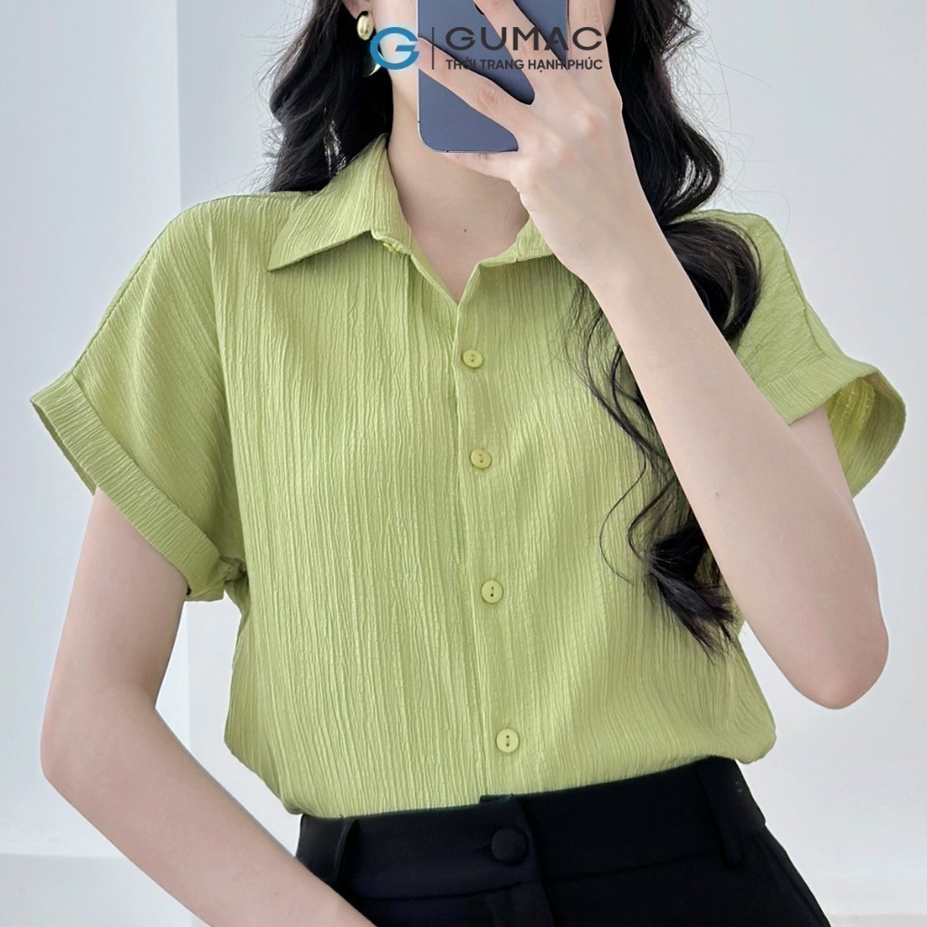 Ảnh Áo sơ mi nữ kiểu tay liền vải lụa xốp màu hồng, be dáng suông lai lật thời trang GUMAC LAE1032 4
