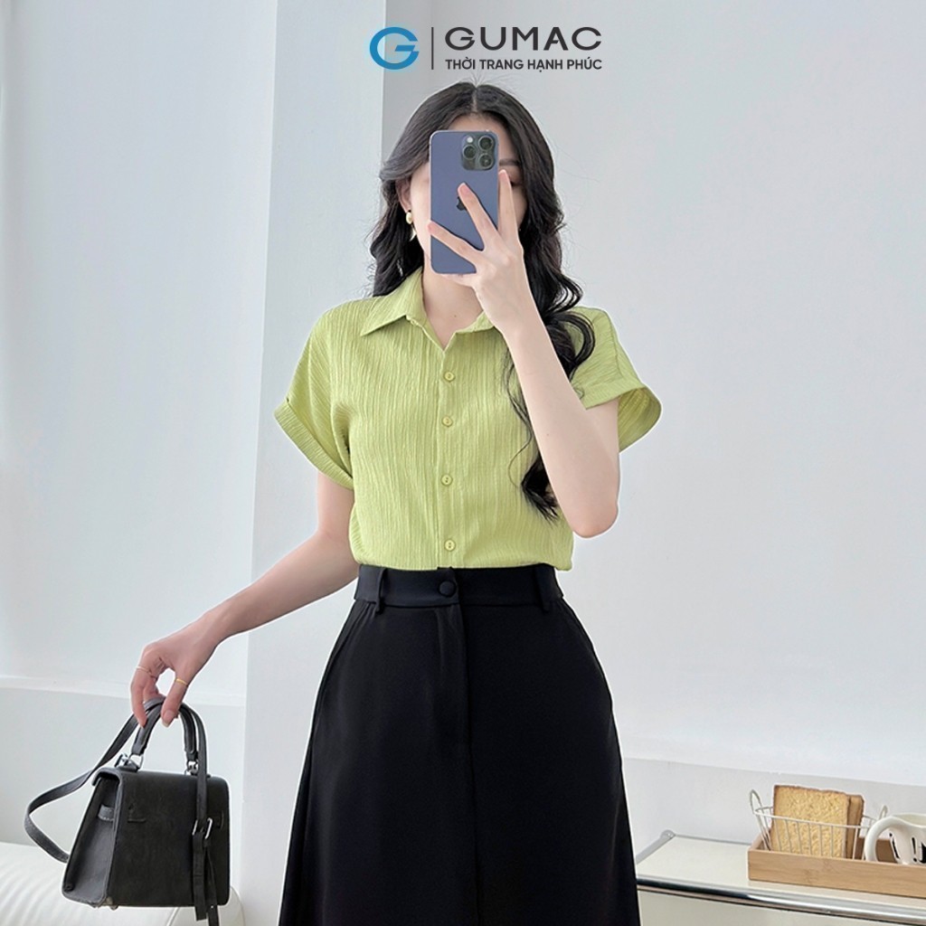 Ảnh Áo sơ mi nữ kiểu tay liền vải lụa xốp màu hồng, be dáng suông lai lật thời trang GUMAC LAE1032 2