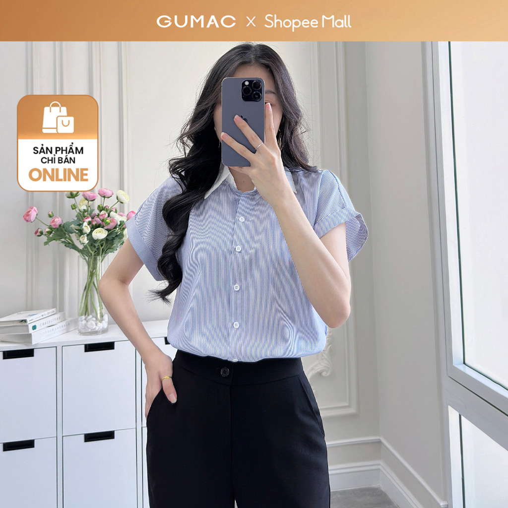 Ảnh Áo sơ mi nữ sọc xanh vải cotton mềm mịn thoáng khí tay liền cổ phối thời trang GUMAC LAF0322 1